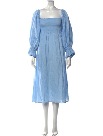 Pre-owned Sleeper Linen Midi Length Dress In Blue
