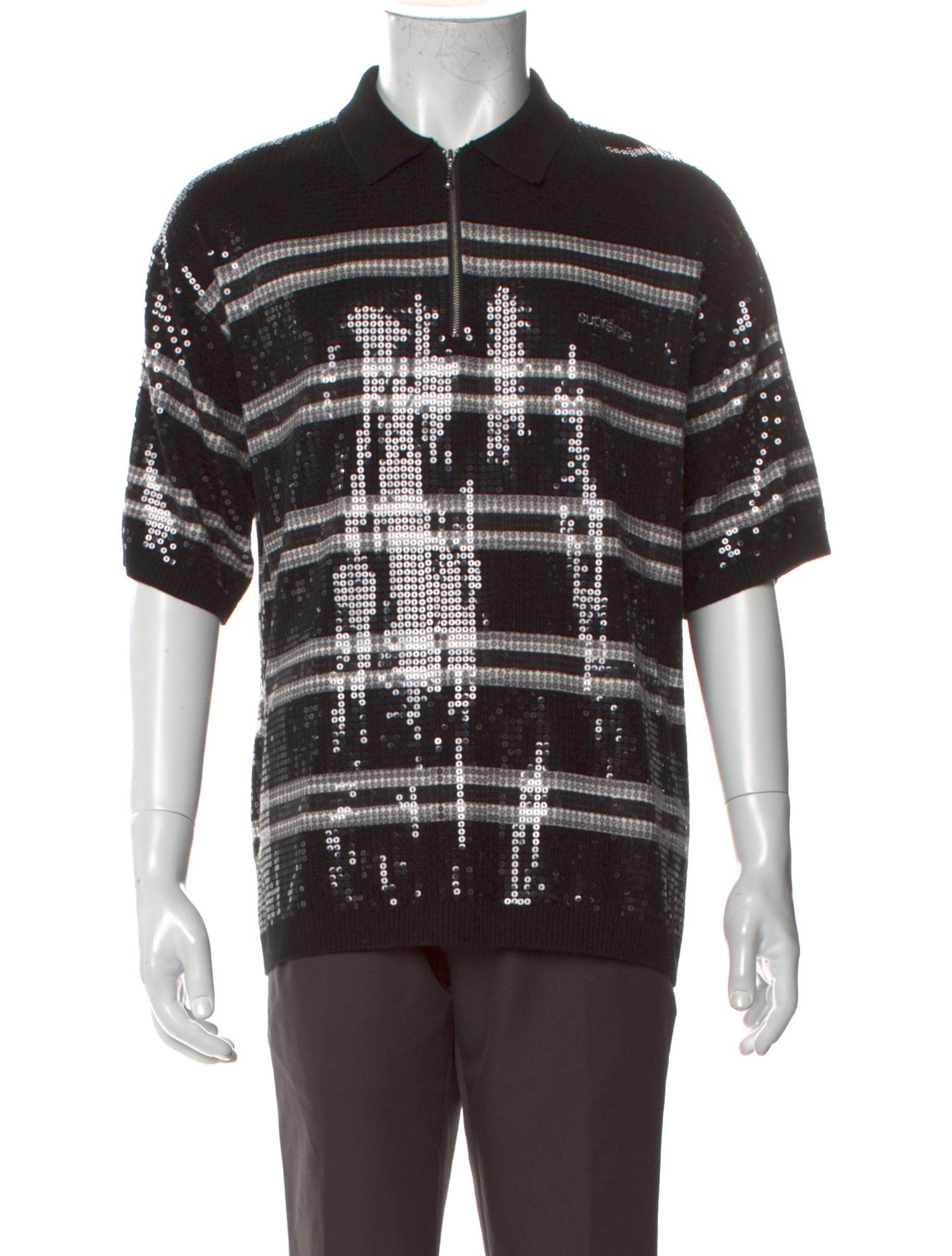 Supreme 2023 Sequin Stripe Zip Polo Shirt - Black Polos