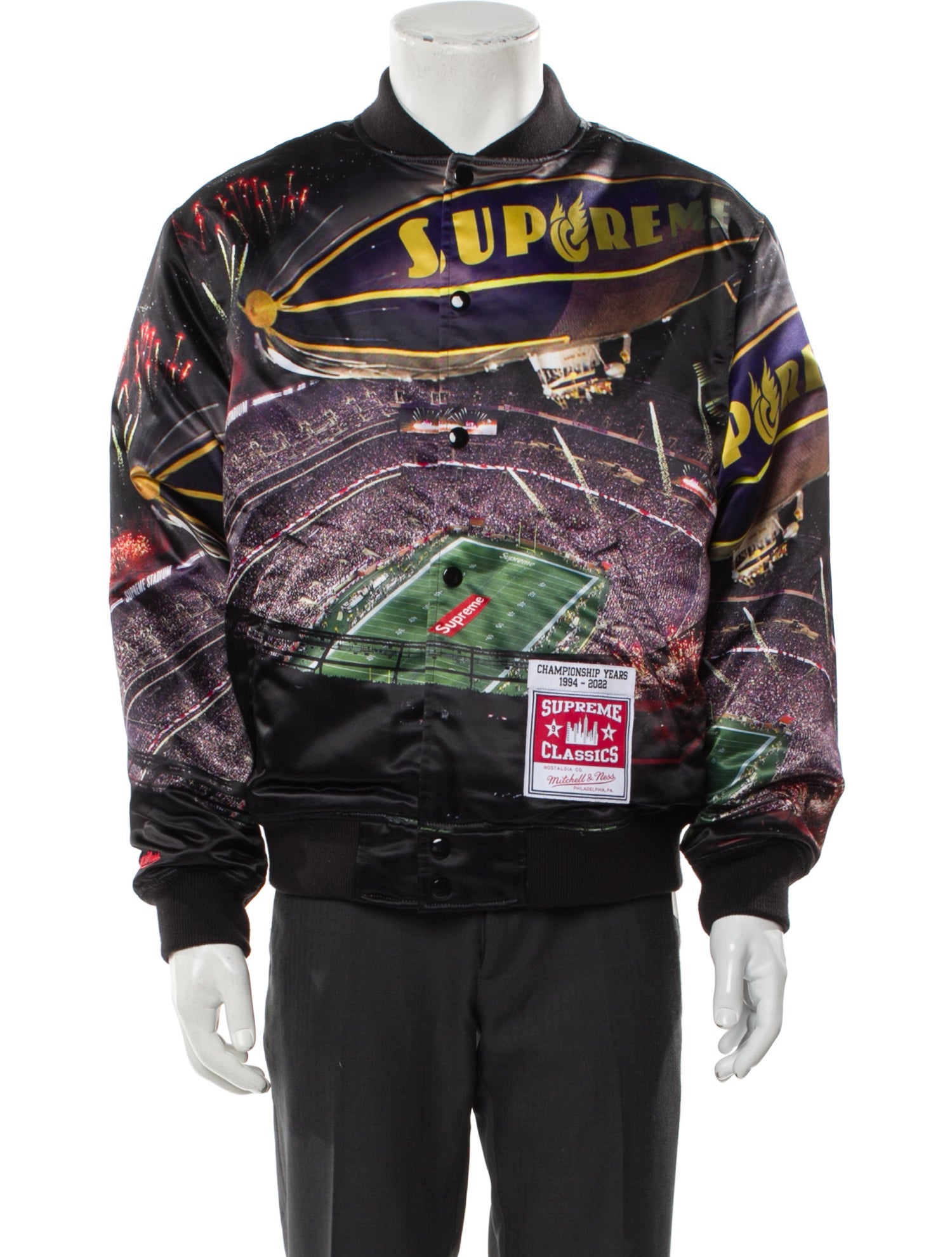 Supreme x Mitchell & Ness 2022 Stadium Satin Varsity Denim Jacket