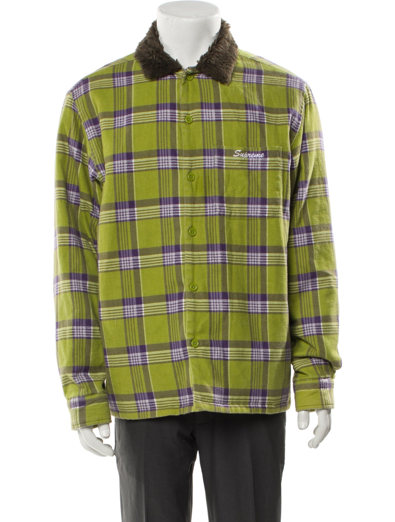 Supreme 2021 Faux Fur Collar Flannel Shirt Trucker Jacket
