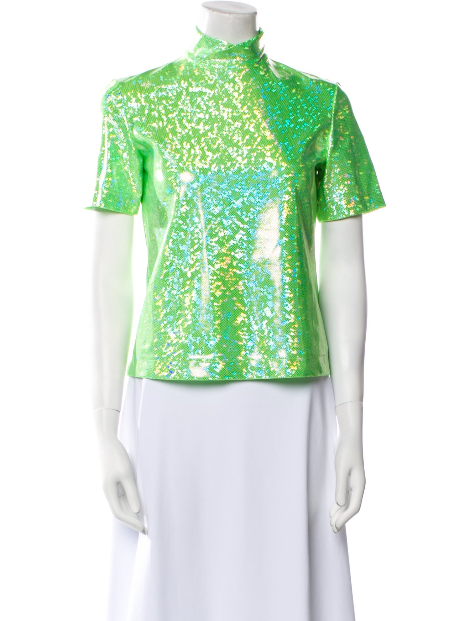 Saks Potts Lace Pattern Mock Neck Button-Up Top