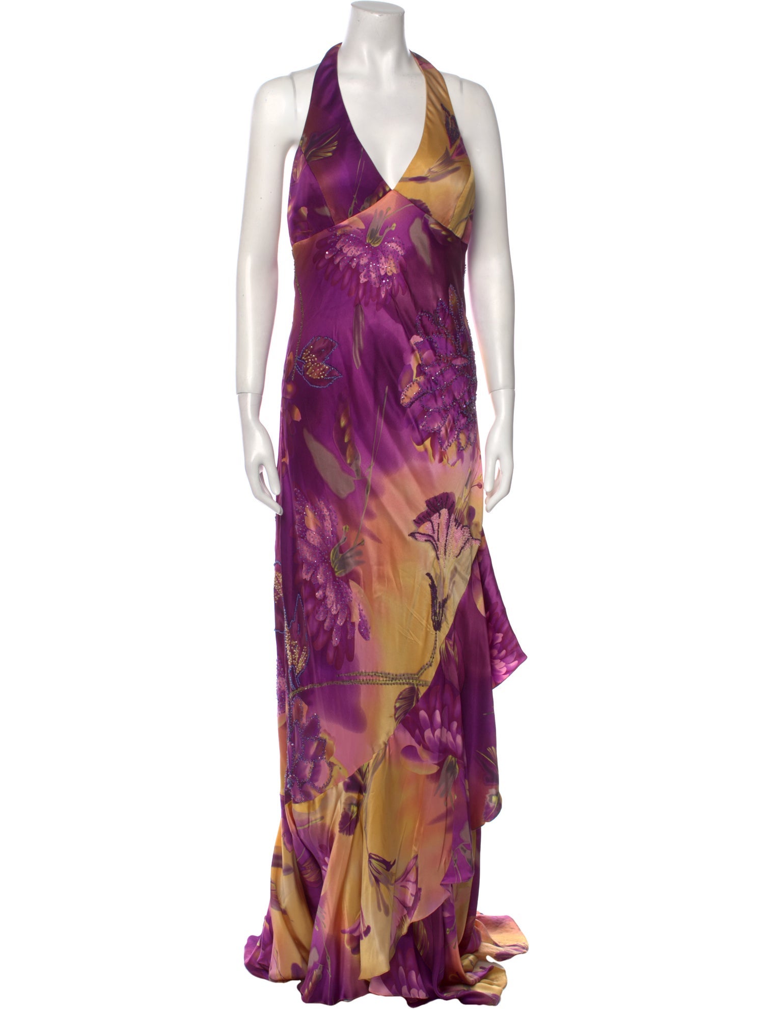 sue wong purple dress Vintage Y2K Sue Wong Plum Purple Silk Beaded Floral Midi Dress