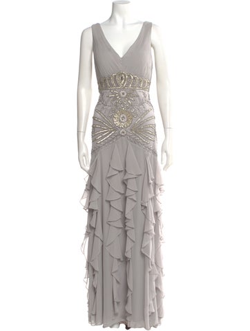 Pre-owned Sue Wong V-neck Long Dress In Gray