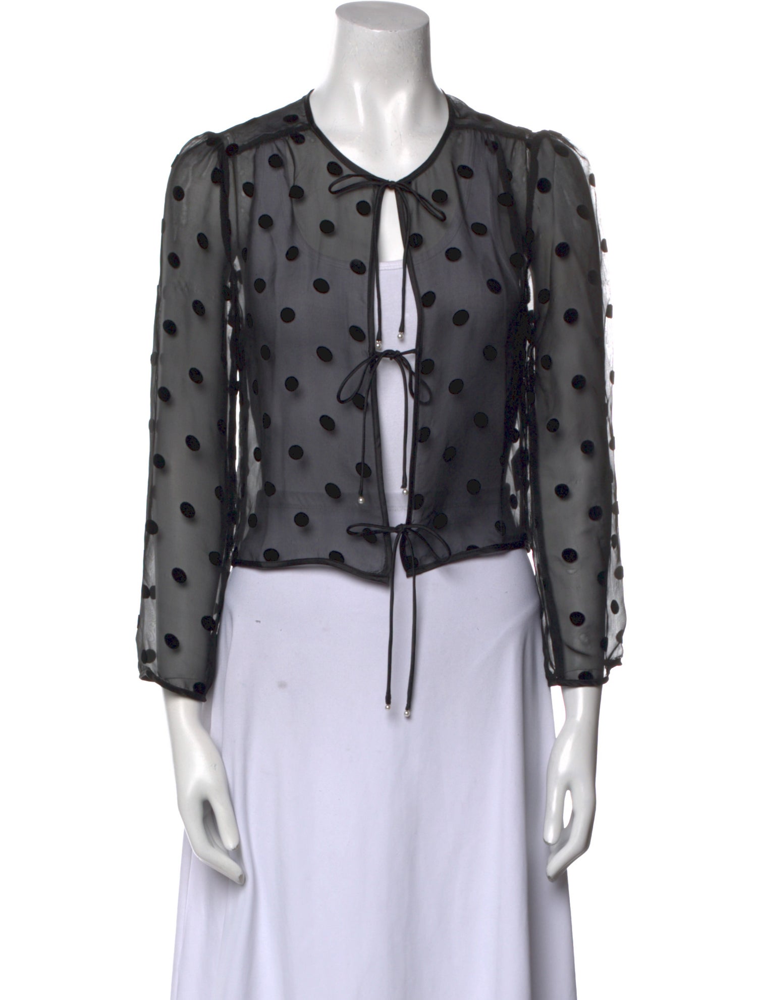 SUPER RÉAL: Claudia Schiffer Polka Dot Print Crew Neck Button-Up Top