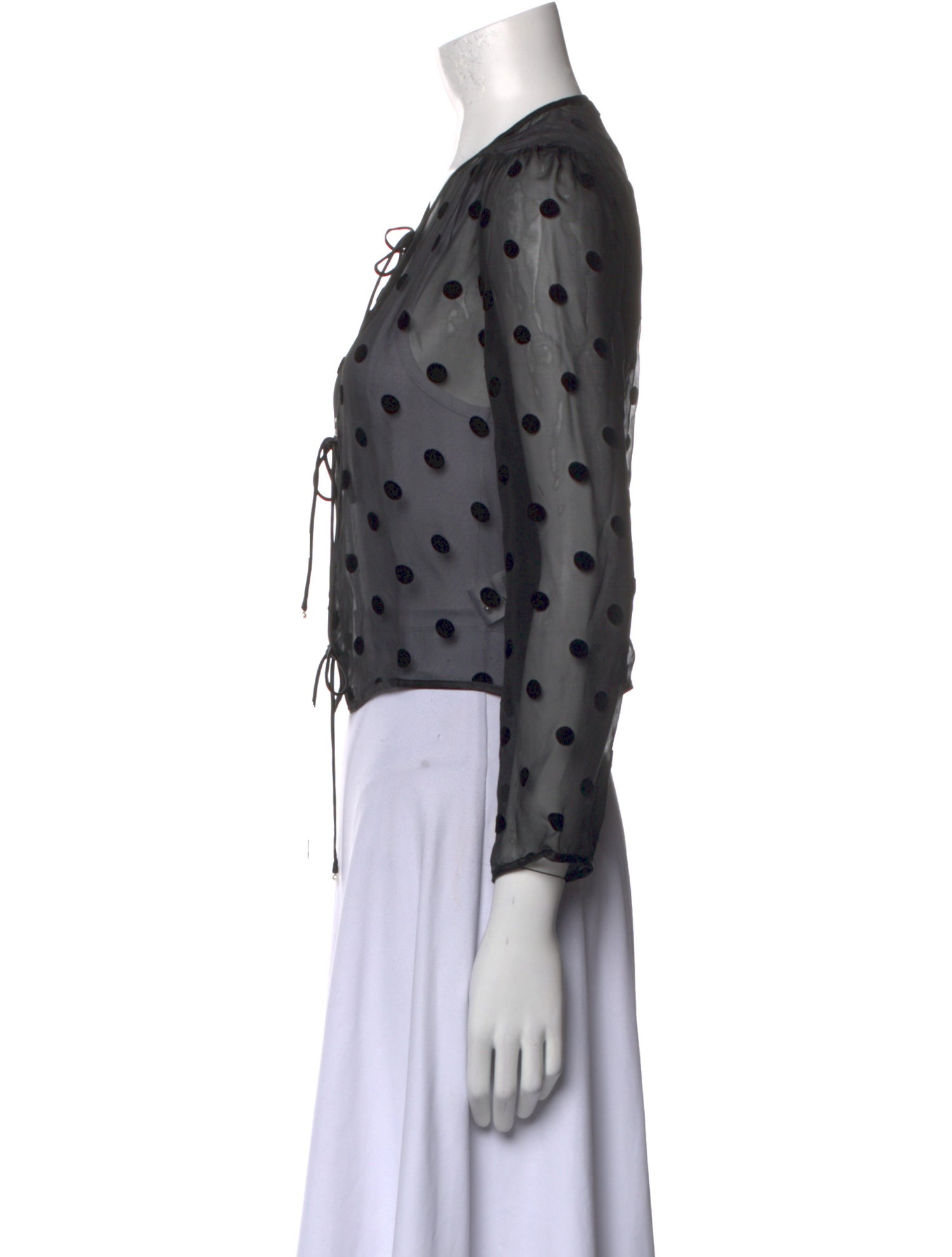 SUPER RÉAL: Claudia Schiffer Polka Dot Print Crew Neck Button-Up Top