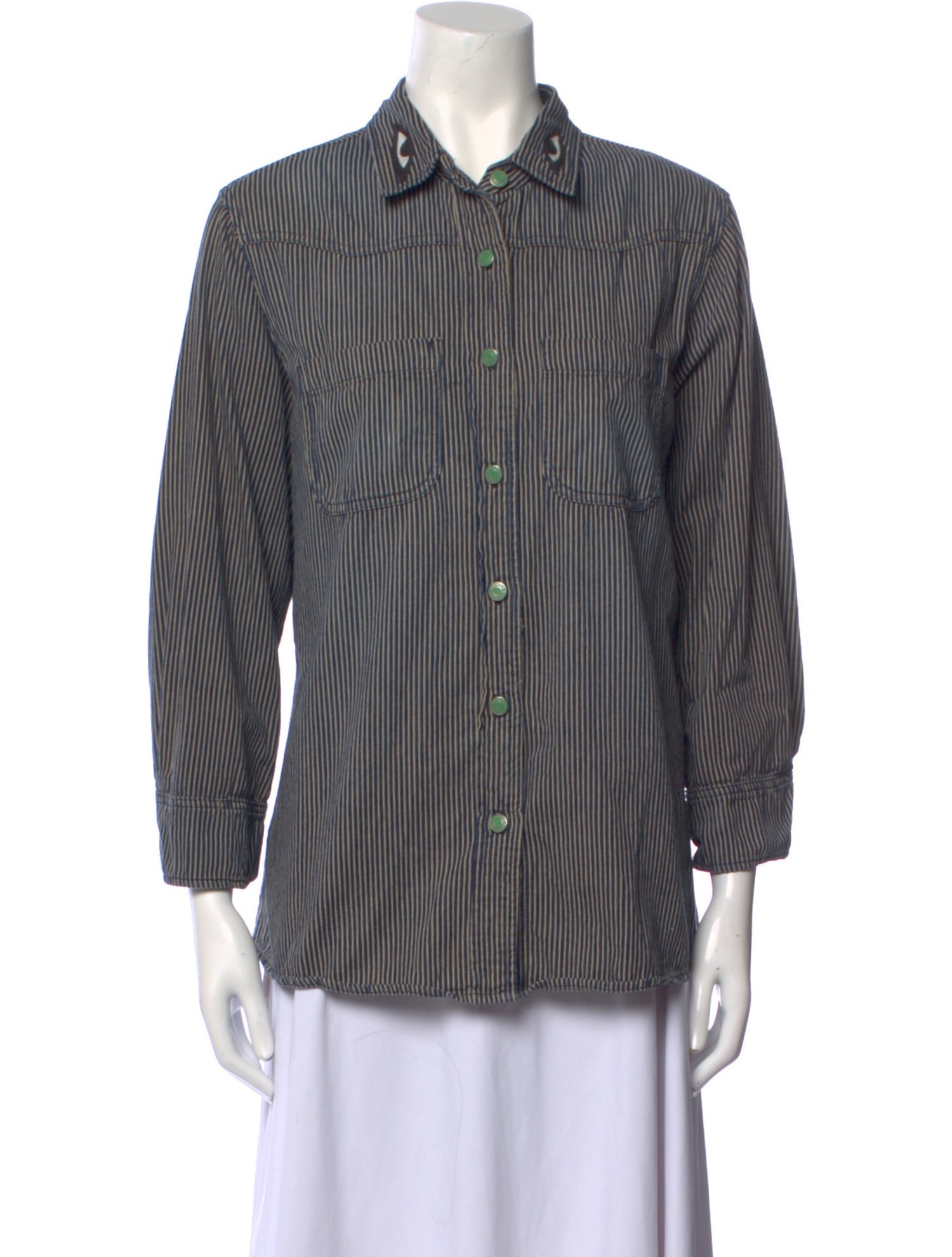 Sandrine Rose Striped Three-Quarter Sleeve Button-Up Top