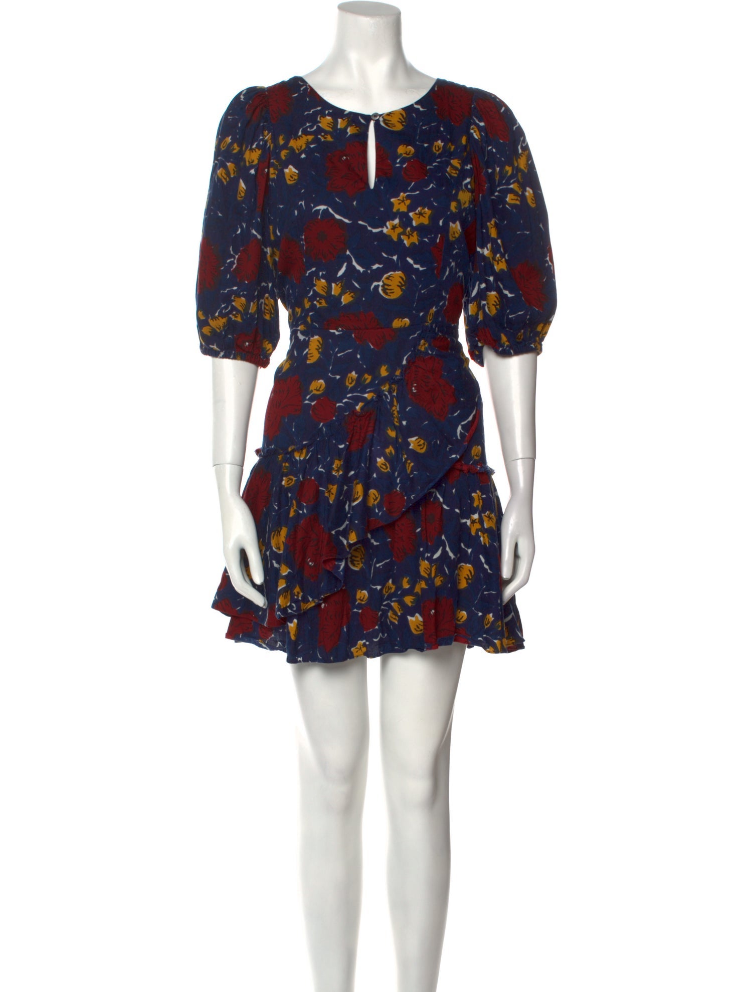 Sea New York A-Line Dress Blue Floral Print Ruffle, Raw-Edge