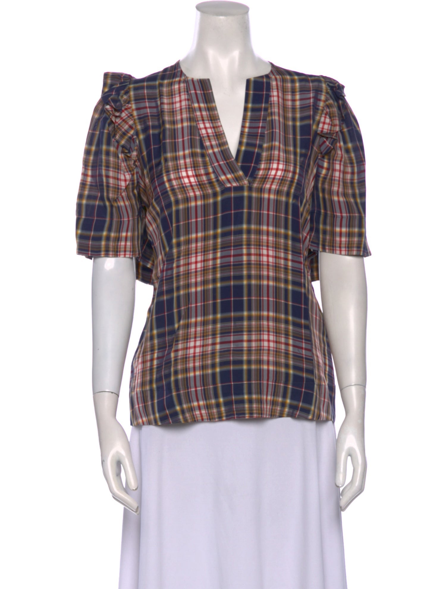 Sea New York Plaid Print V-Neck Blouse