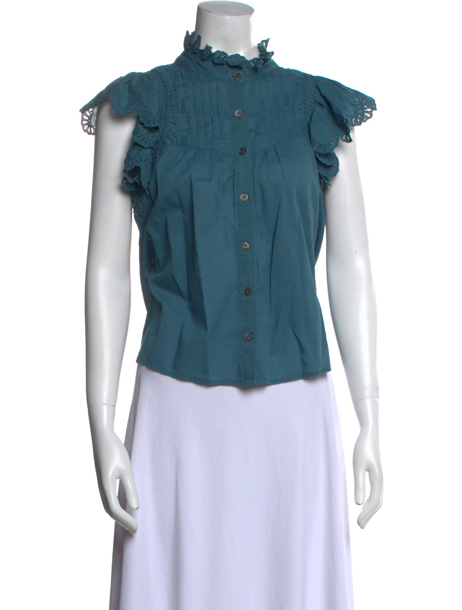 Sea New York Mock Neck Short Sleeve Button-Up Top