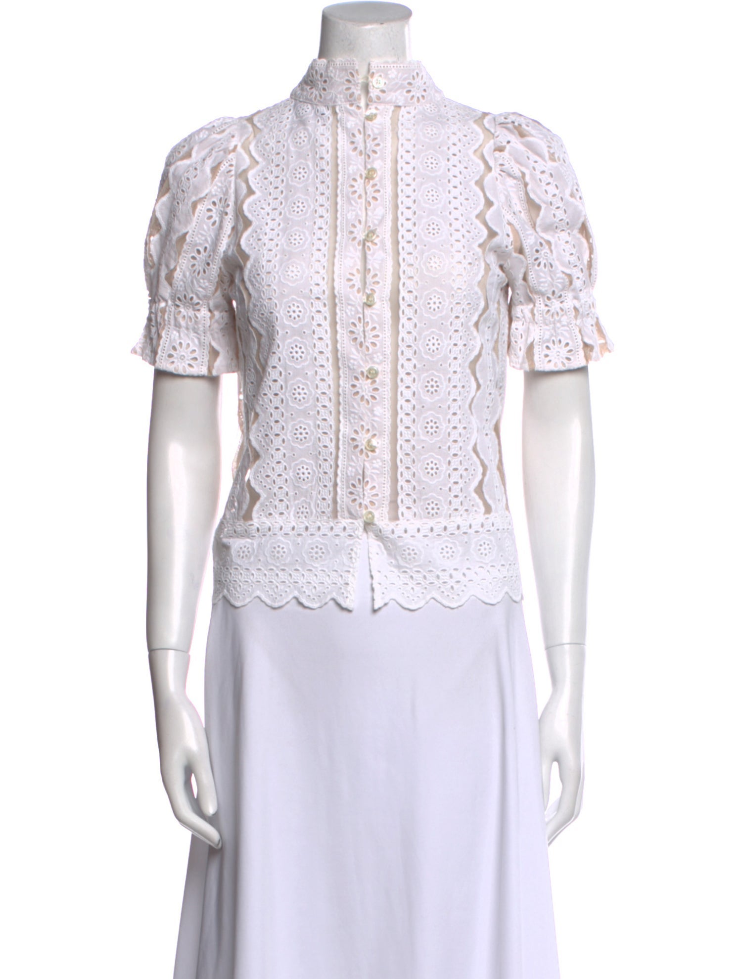 Sea New York Lace Pattern Mock Neck Button-Up Top