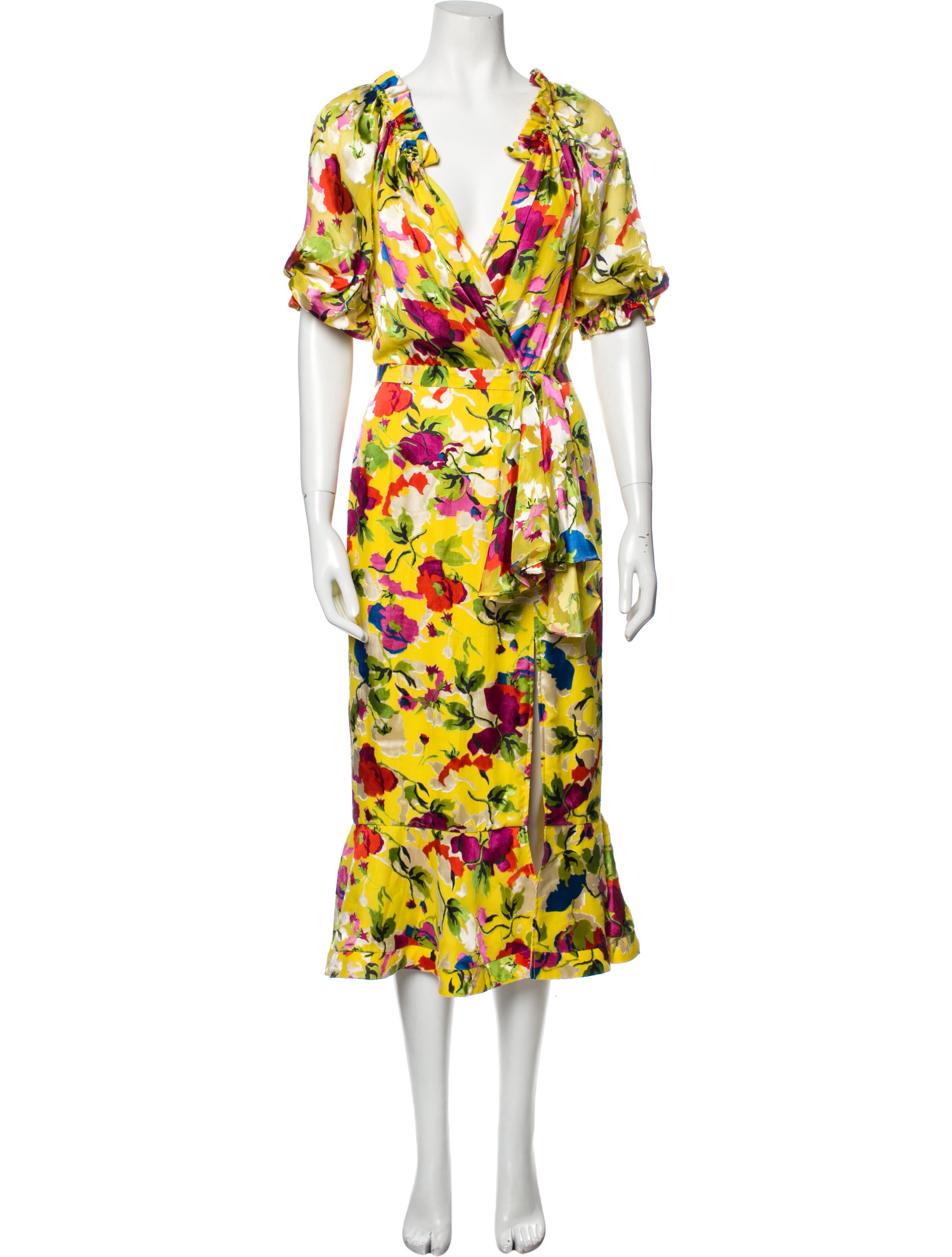 Saloni Yellow Floral Print Long Dress US4, UK8 | S
