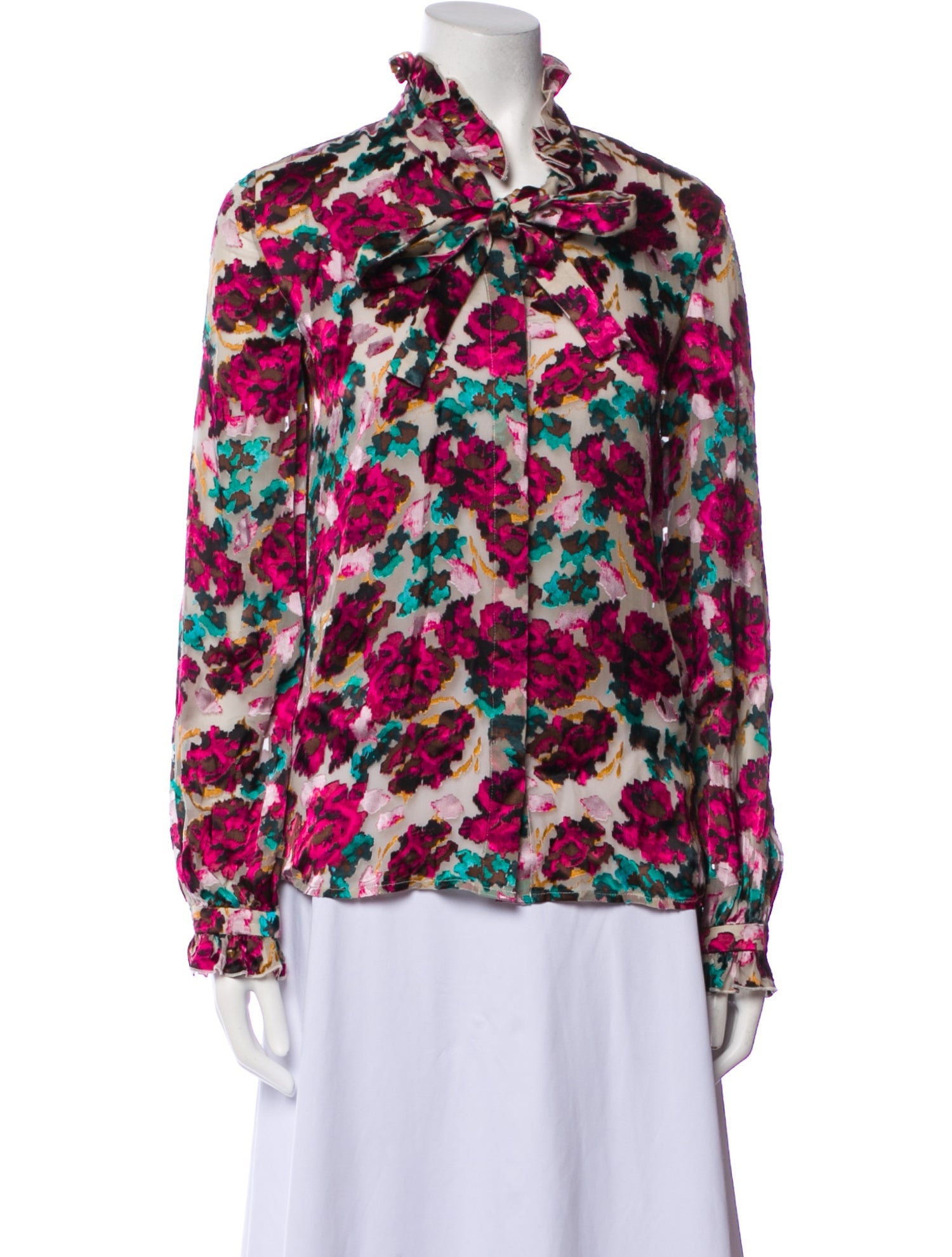 Saloni Floral Print Tie Neck Button-Up Top