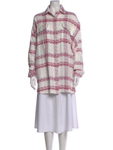Pre-owned Staud Plaid Print Mock Neck Tunic In White