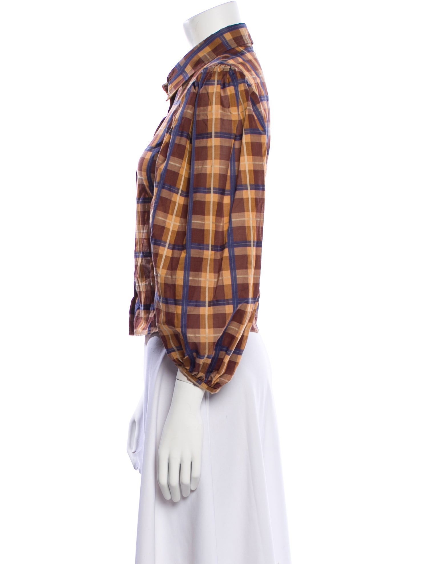 Staud Plaid Print Three-Quarter Sleeve Button-Up Top w/ Tags