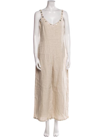 Staud Linen Plunge Neckline Jumpsuit