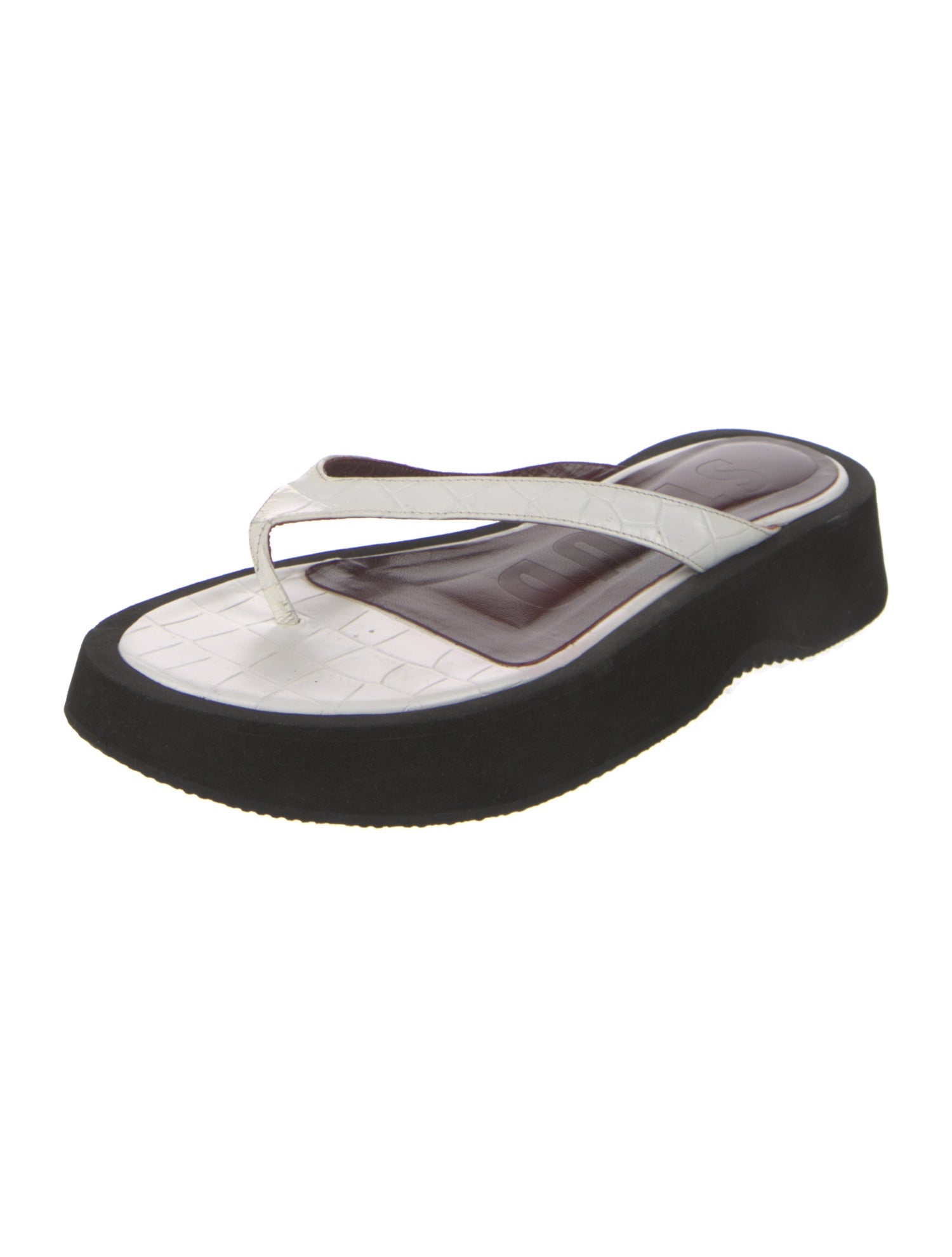 Staud Embossed Leather Flip Flops