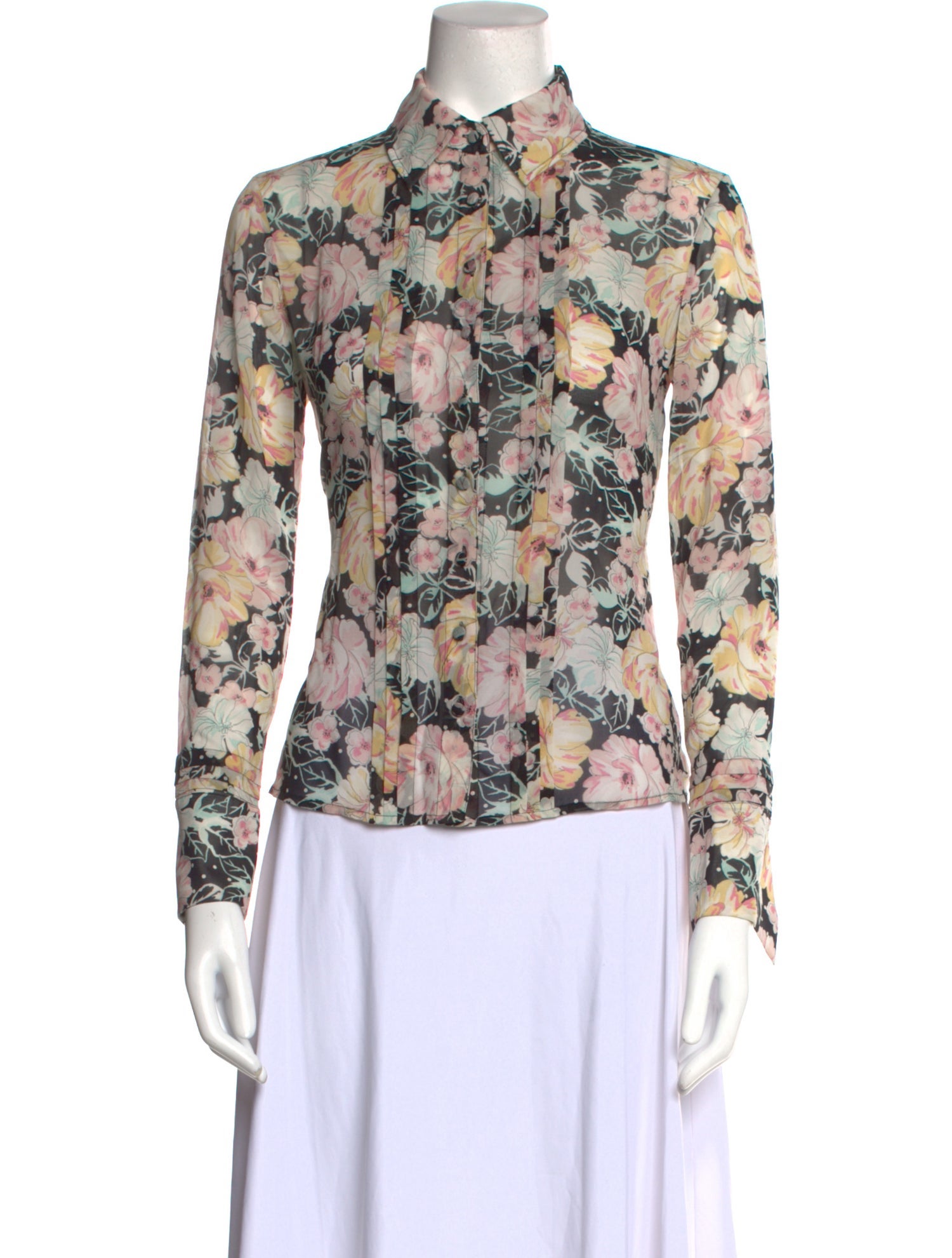 St. John Couture Silk Floral Print ButtonUp Top Neutrals Tops