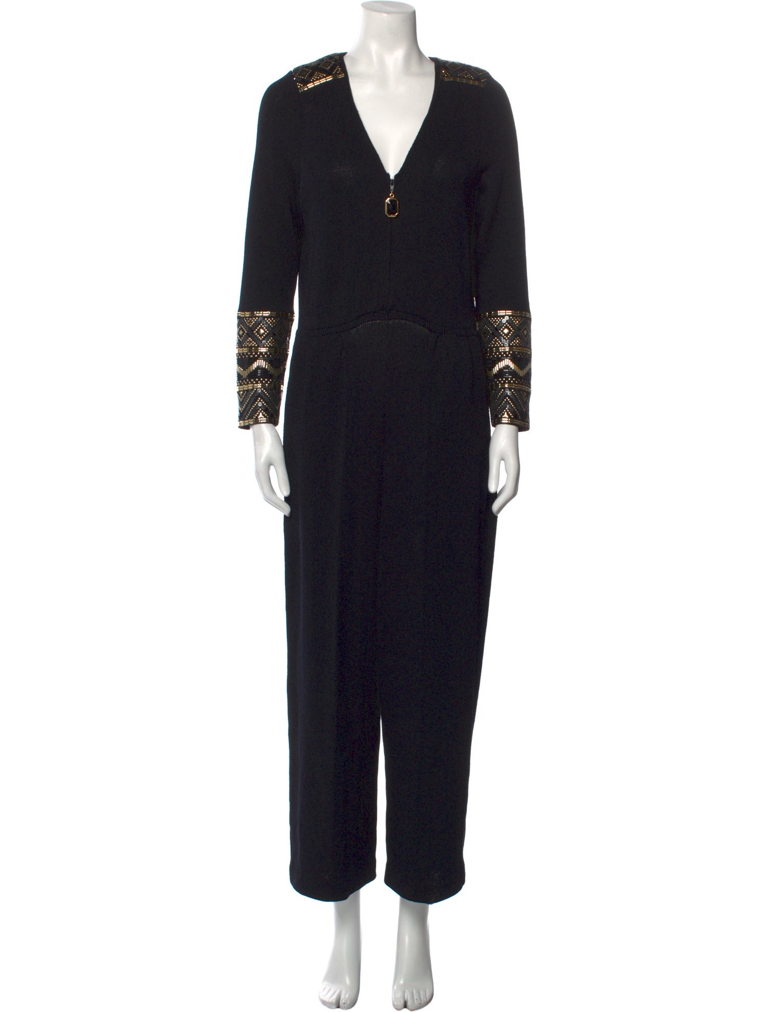 St. John Couture Patterned V-Neck Jumpsuit