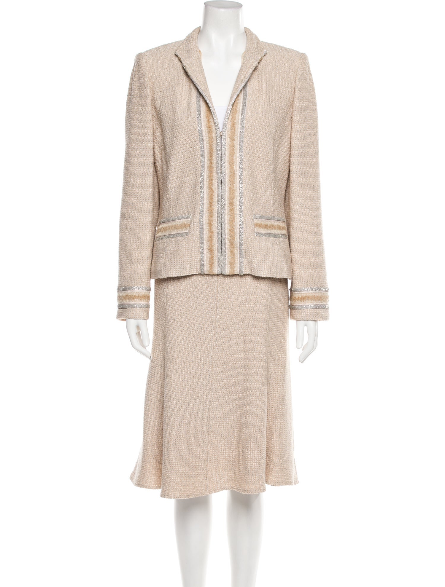 St. John Couture Striped Beaded Accents Skirt Set