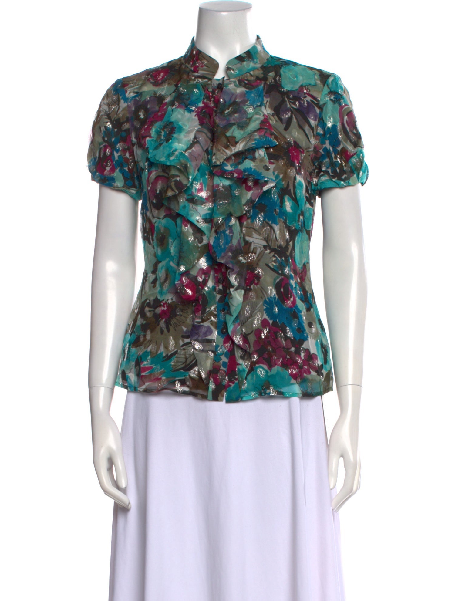 St. John Couture Silk Floral Print Button-Up Top