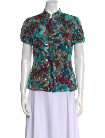 St. John Couture Silk Floral Print Button-Up Top