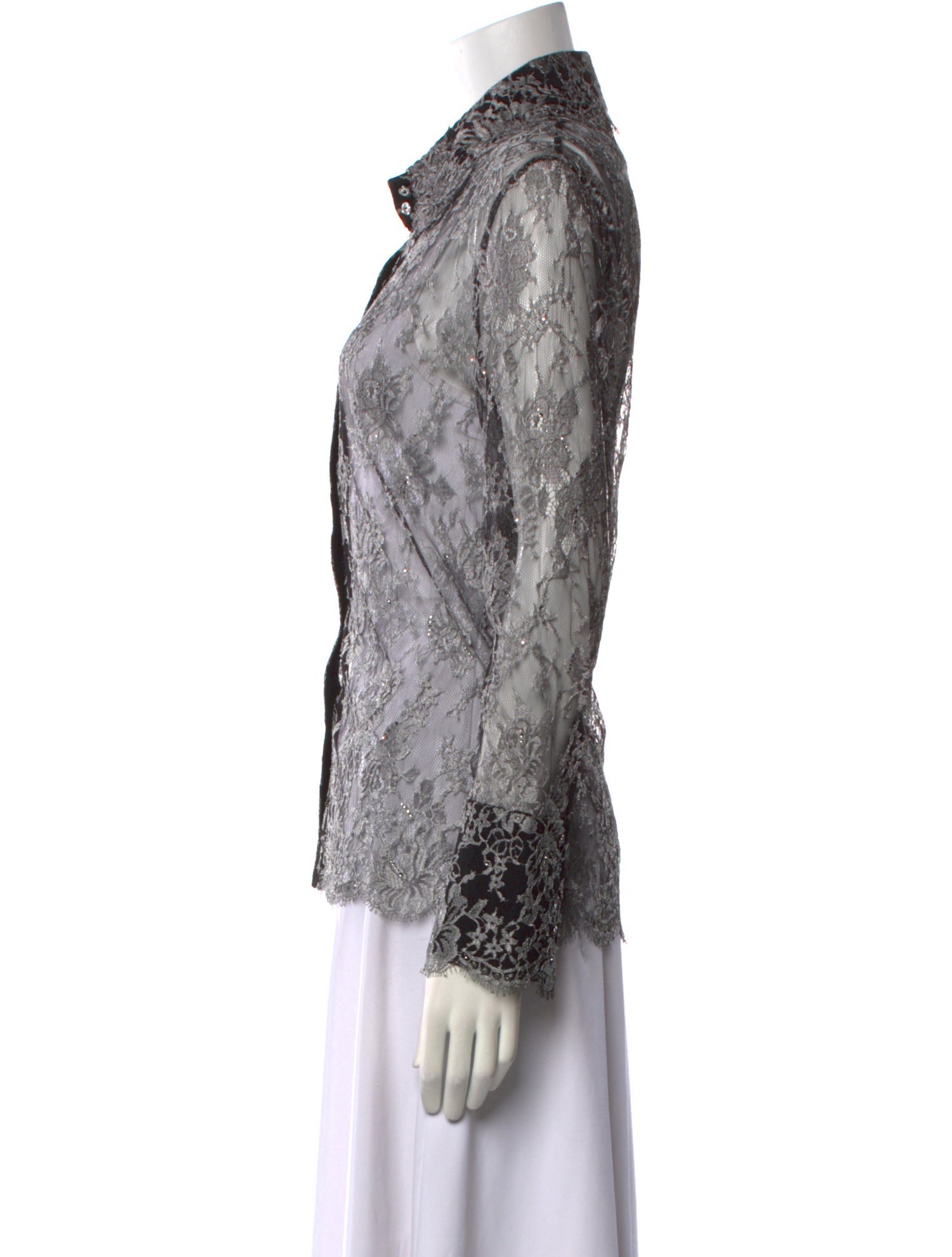 St. John Couture Lace Pattern Long Sleeve Button-Up Top