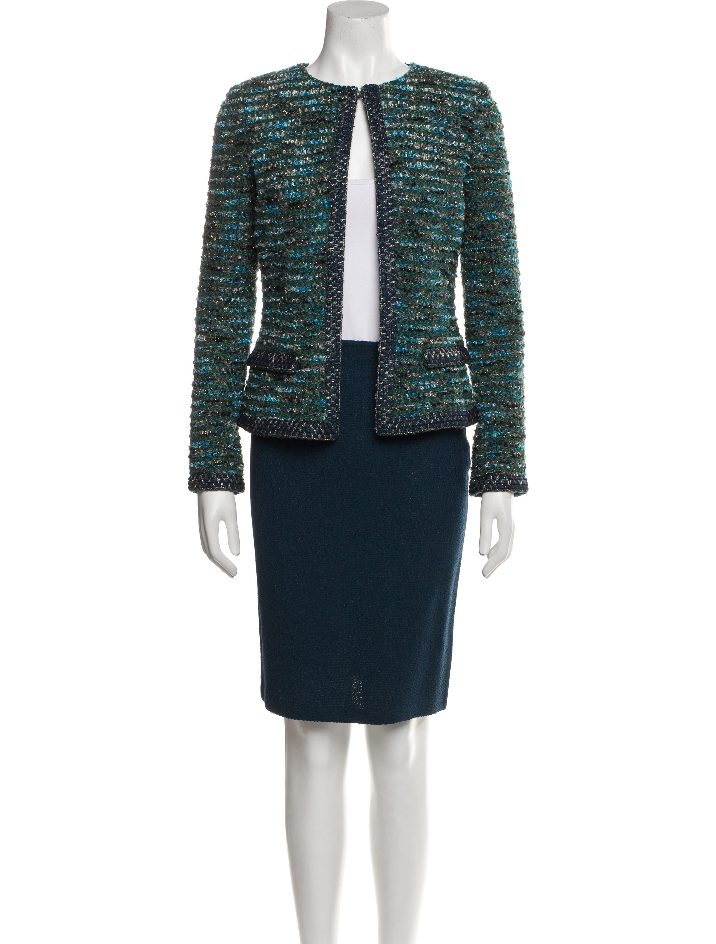 St. John Couture Tweed Pattern Embroidered Accent Pant Set