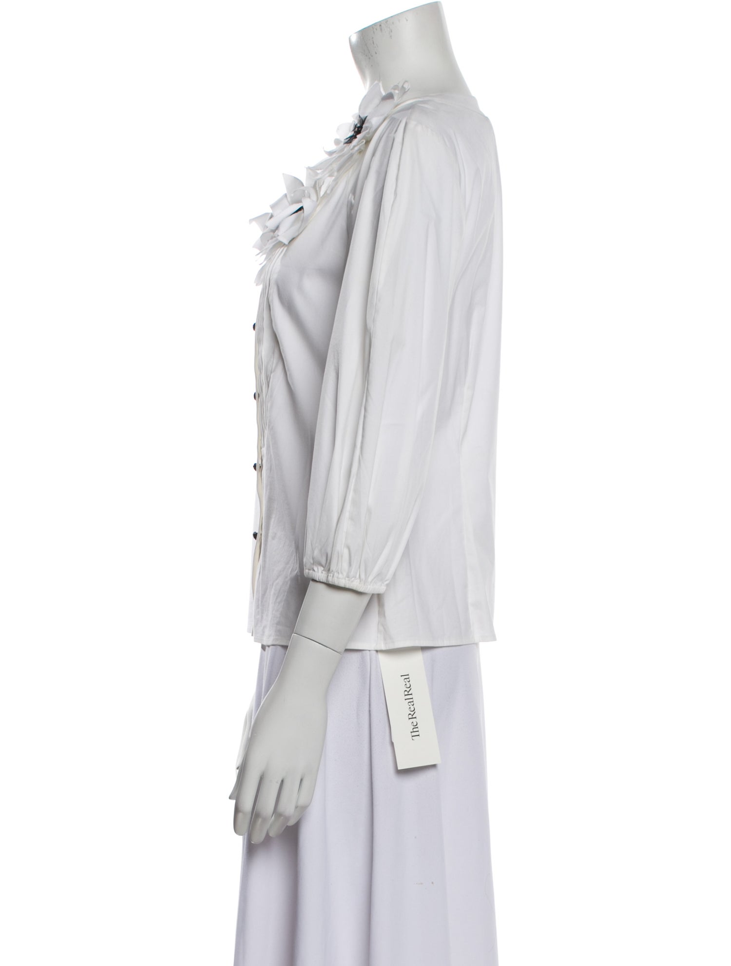 St. John Couture V-Neck Three-Quarter Sleeve Button-Up Top