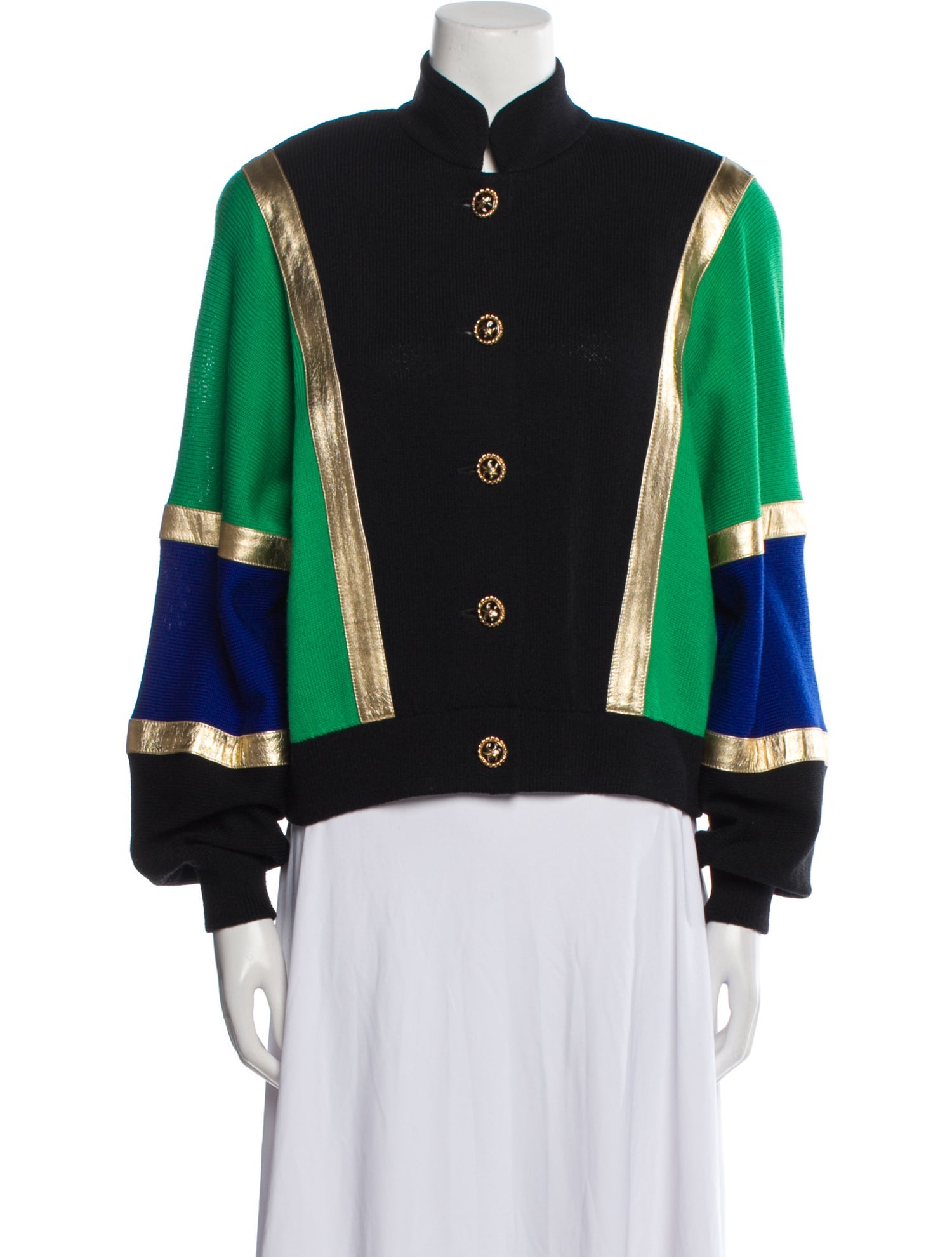 St. John Sport Leather Colorblock Pattern Bomber Jacket