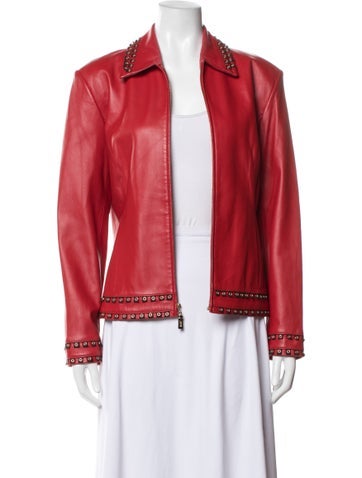 Pre-owned St John Leather Biker Jacket In Red
