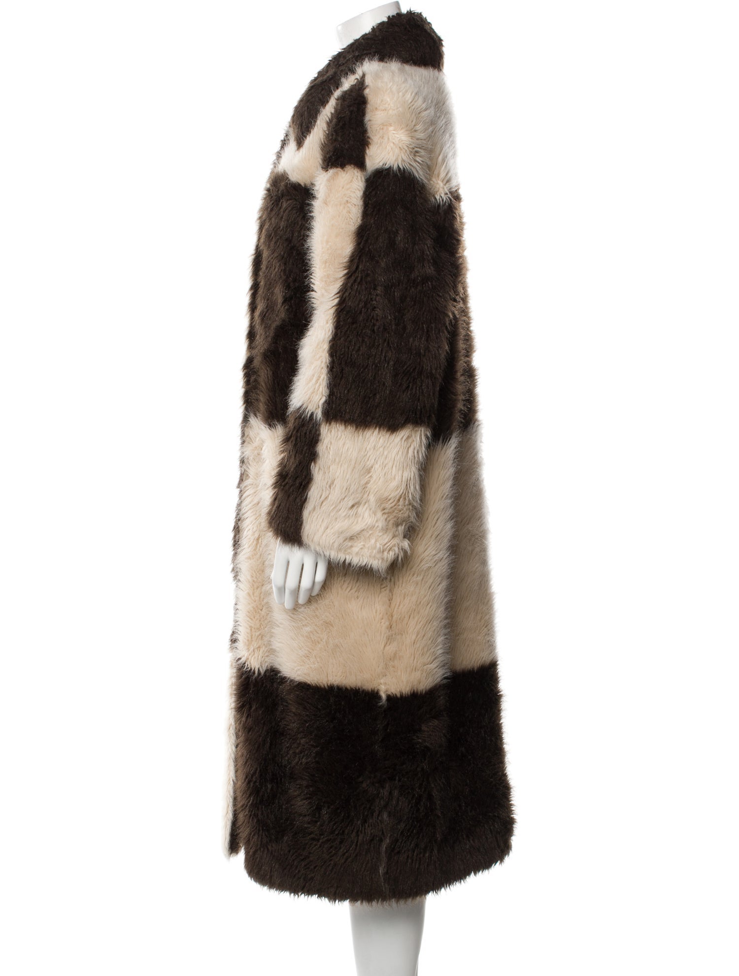 STAND STUDIO Colorblock Pattern Faux Fur Coat