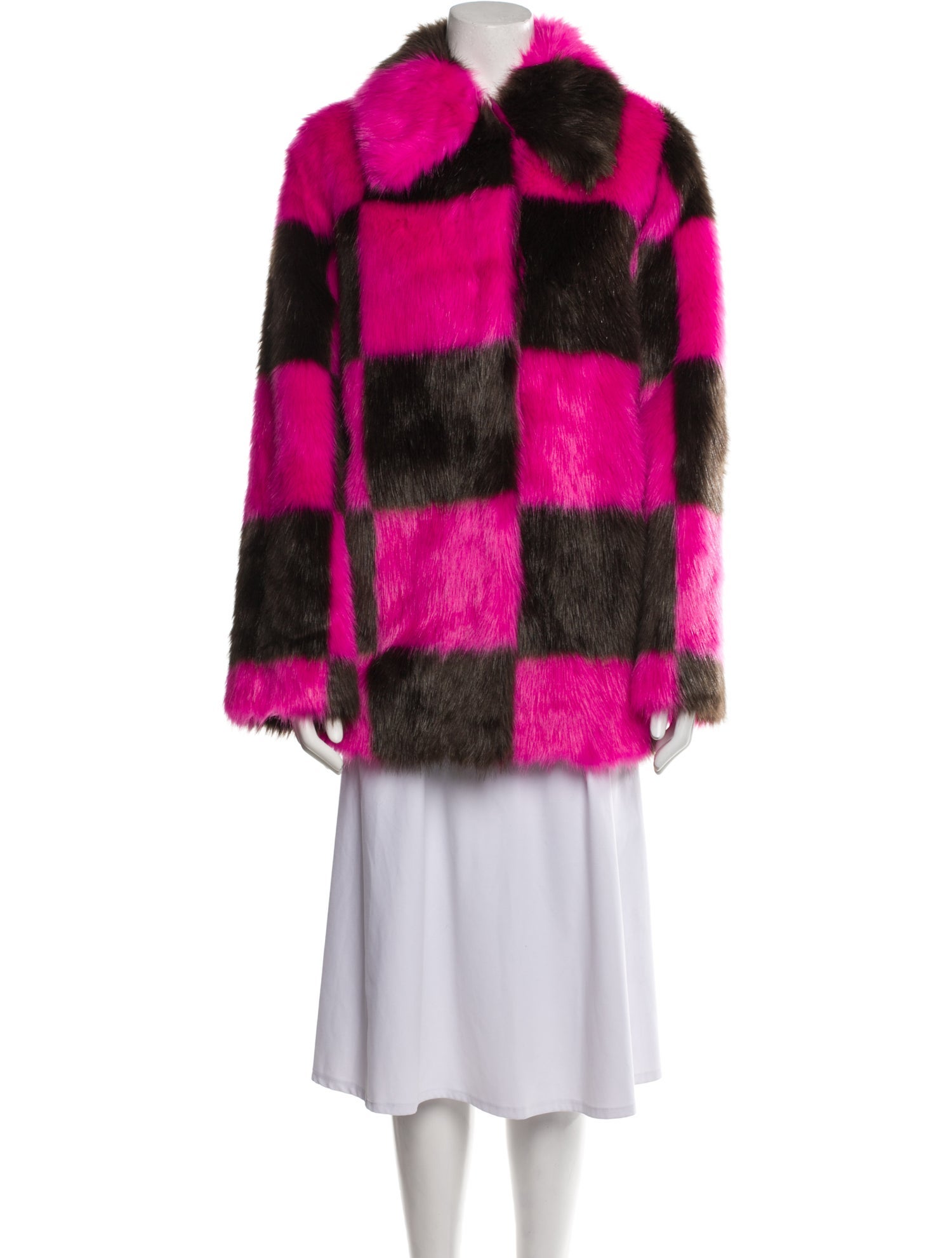 STAND STUDIO Plaid Print Faux Fur Coat