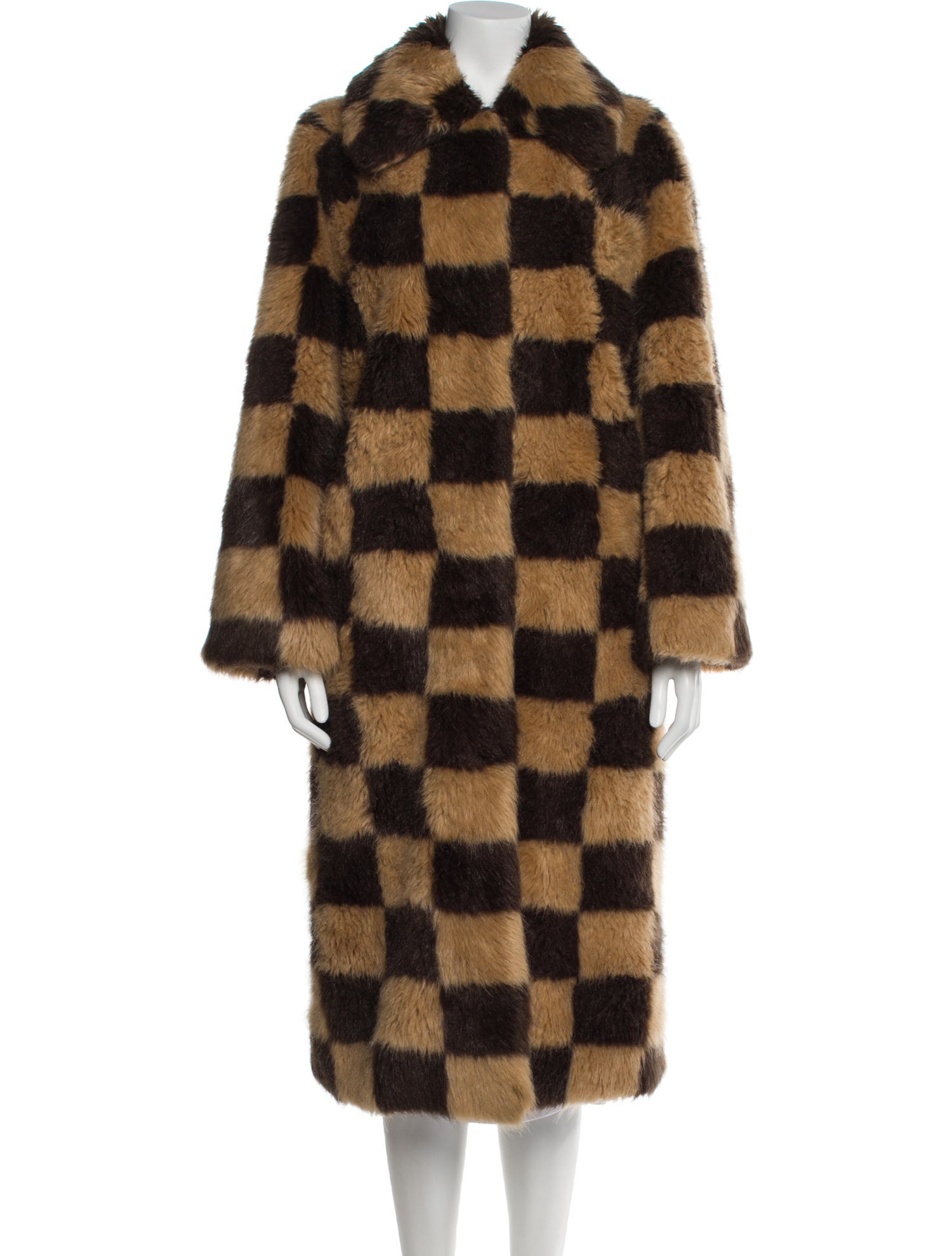 STAND STUDIO Faux Fur Colorblock Pattern Faux Fur Coat