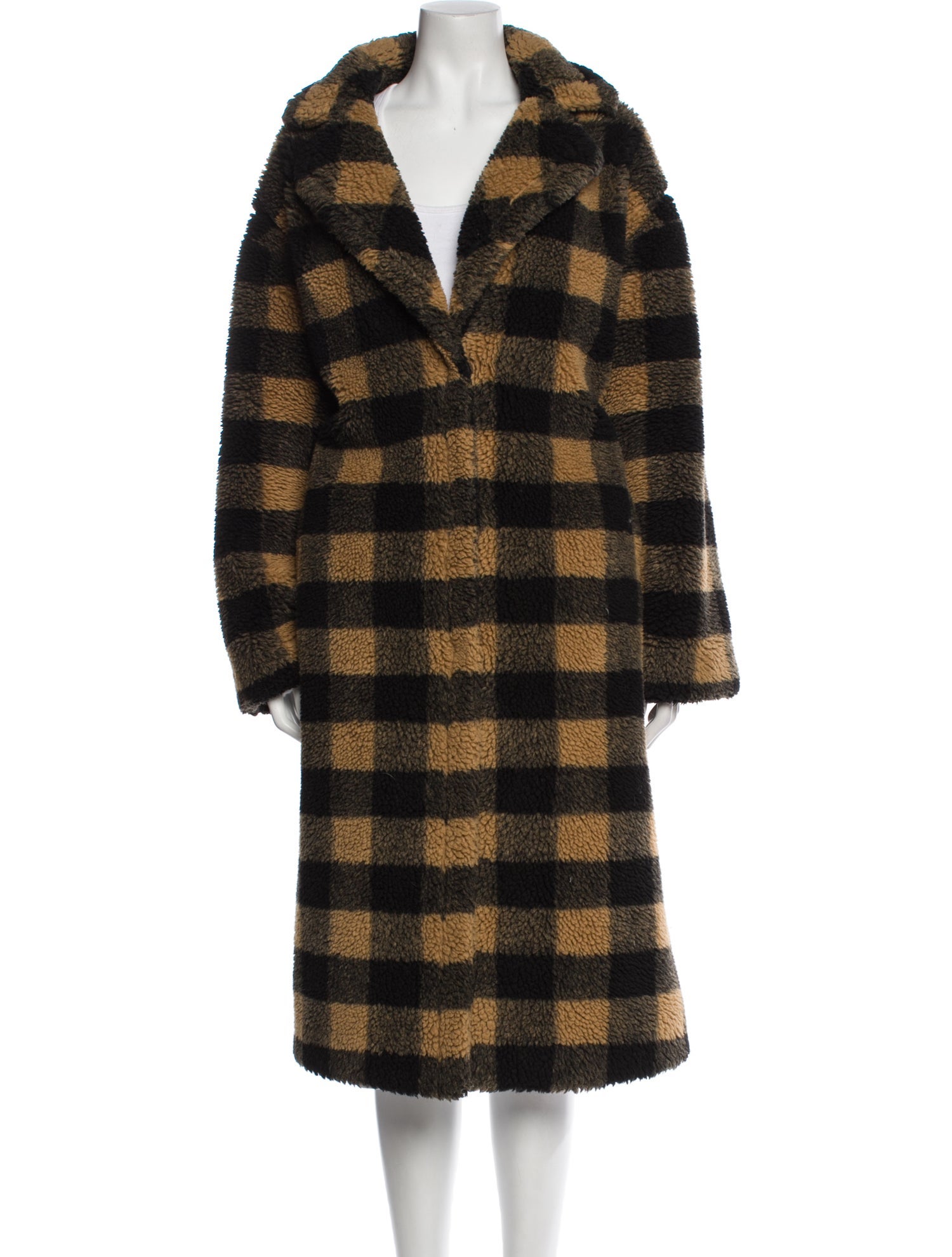 STAND STUDIO Faux Fur Plaid Print Faux Fur Coat
