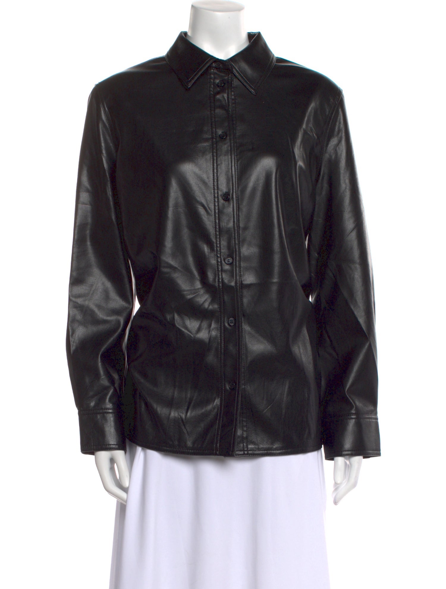 STAND STUDIO Faux Leather Long Sleeve Button-Up Top