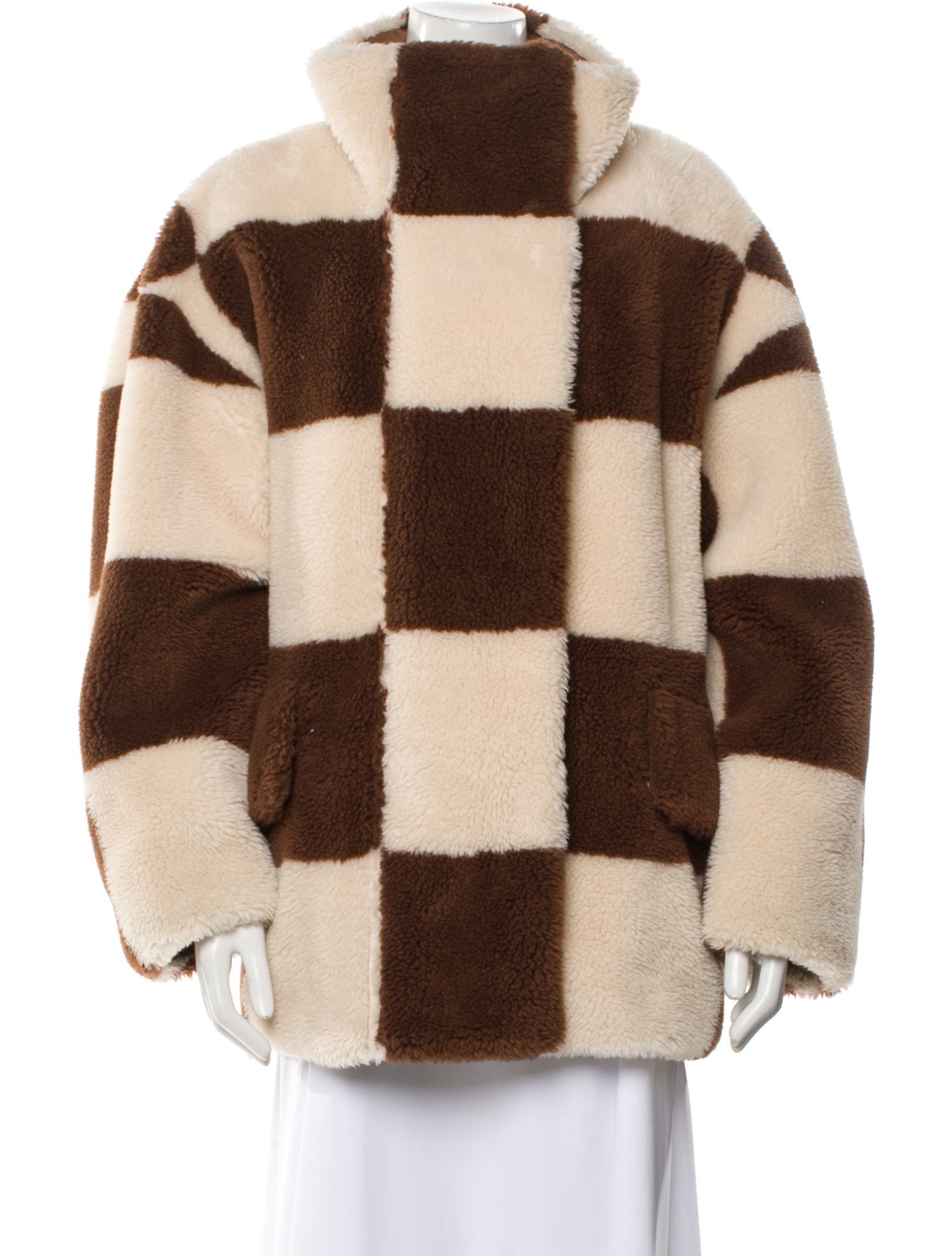 STAND STUDIO Plaid Print Faux Fur Coat