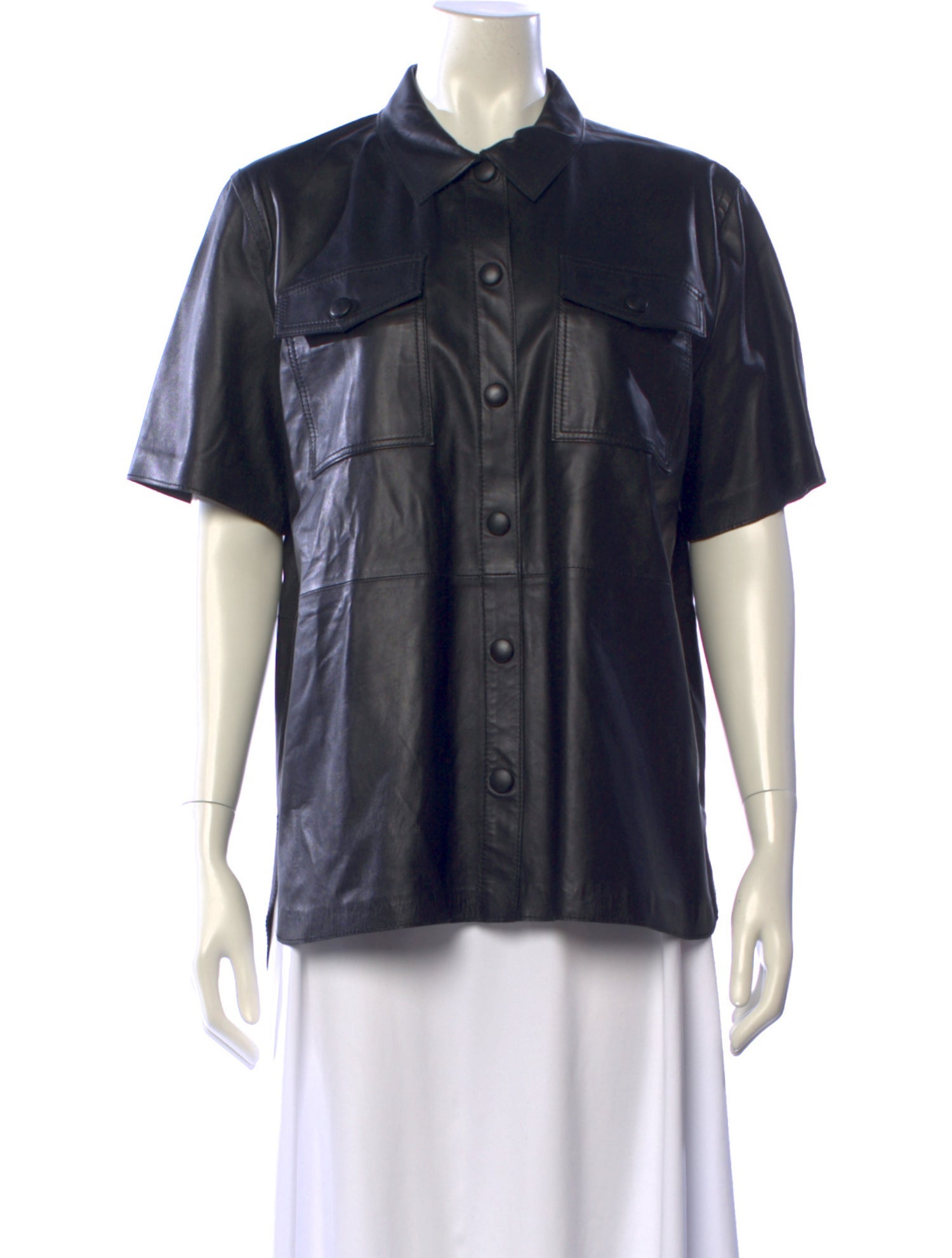 STAND STUDIO Lamb Leather Short Sleeve Button-Up Top
