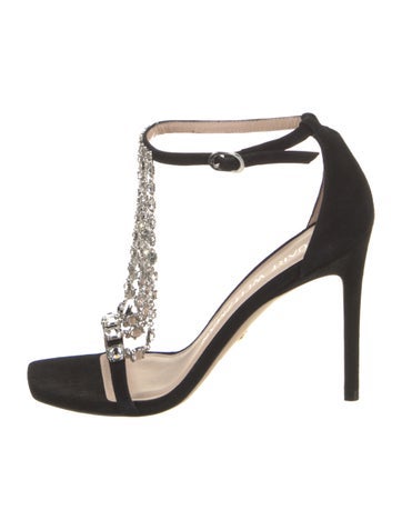 Stuart Weitzman Sandals Suede Crystal Embellishments T-Strap US 7 |