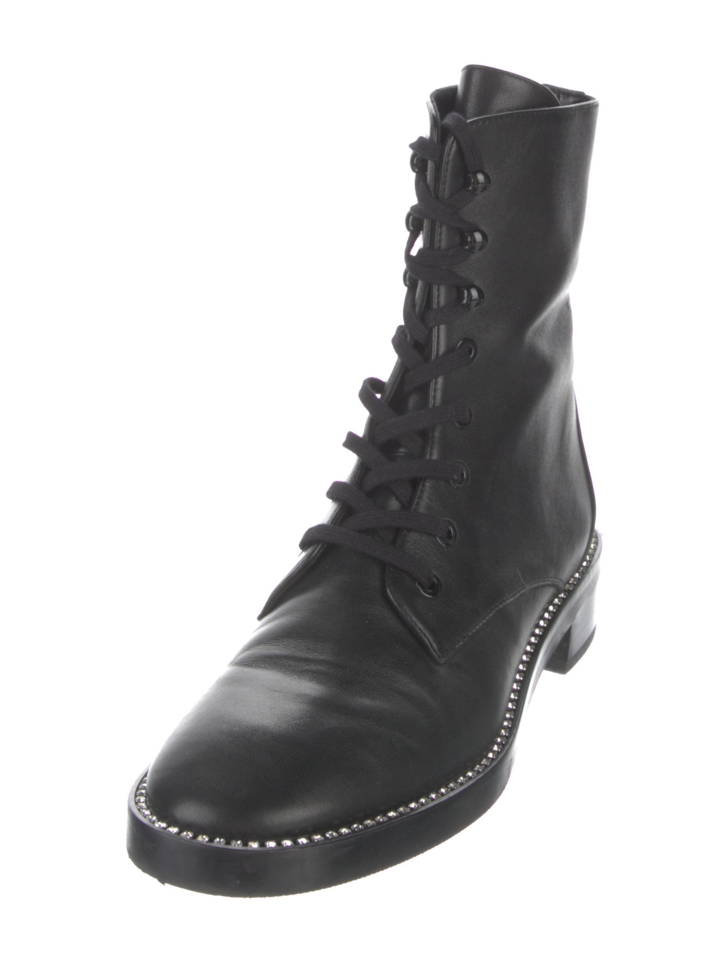 Stuart Weitzman Leather Crystal Embellishments Combat Boots