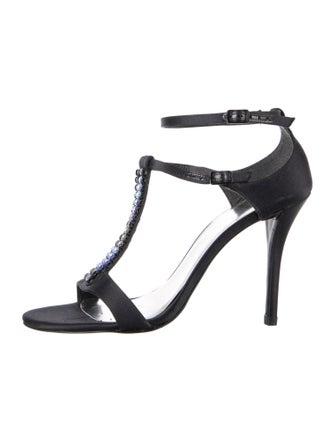 Stuart Weitzman Satin Crystal Embellishments T-Strap Sandals