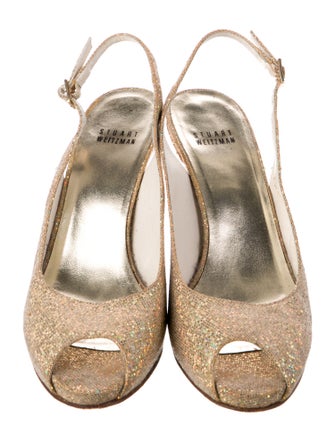 Stuart Weitzman Leather Glitter Accents Slingback Pumps