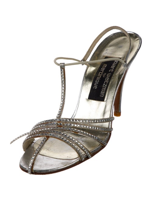 Stuart Weitzman Suede Crystal Embellishments T-Strap Sandals