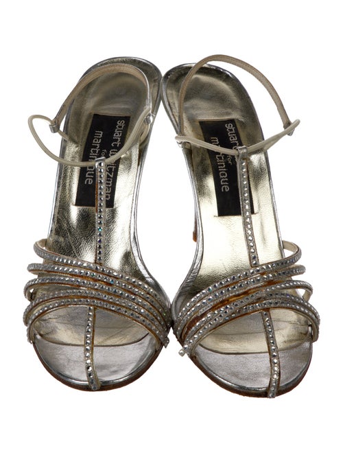 Stuart Weitzman Suede Crystal Embellishments T-Strap Sandals