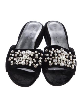 Stuart Weitzman Faux Pearl Accents Velvet Slides