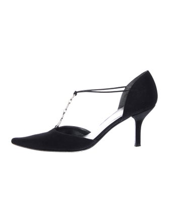 Stuart Weitzman Satin Crystal Embellishments T-Strap Pumps