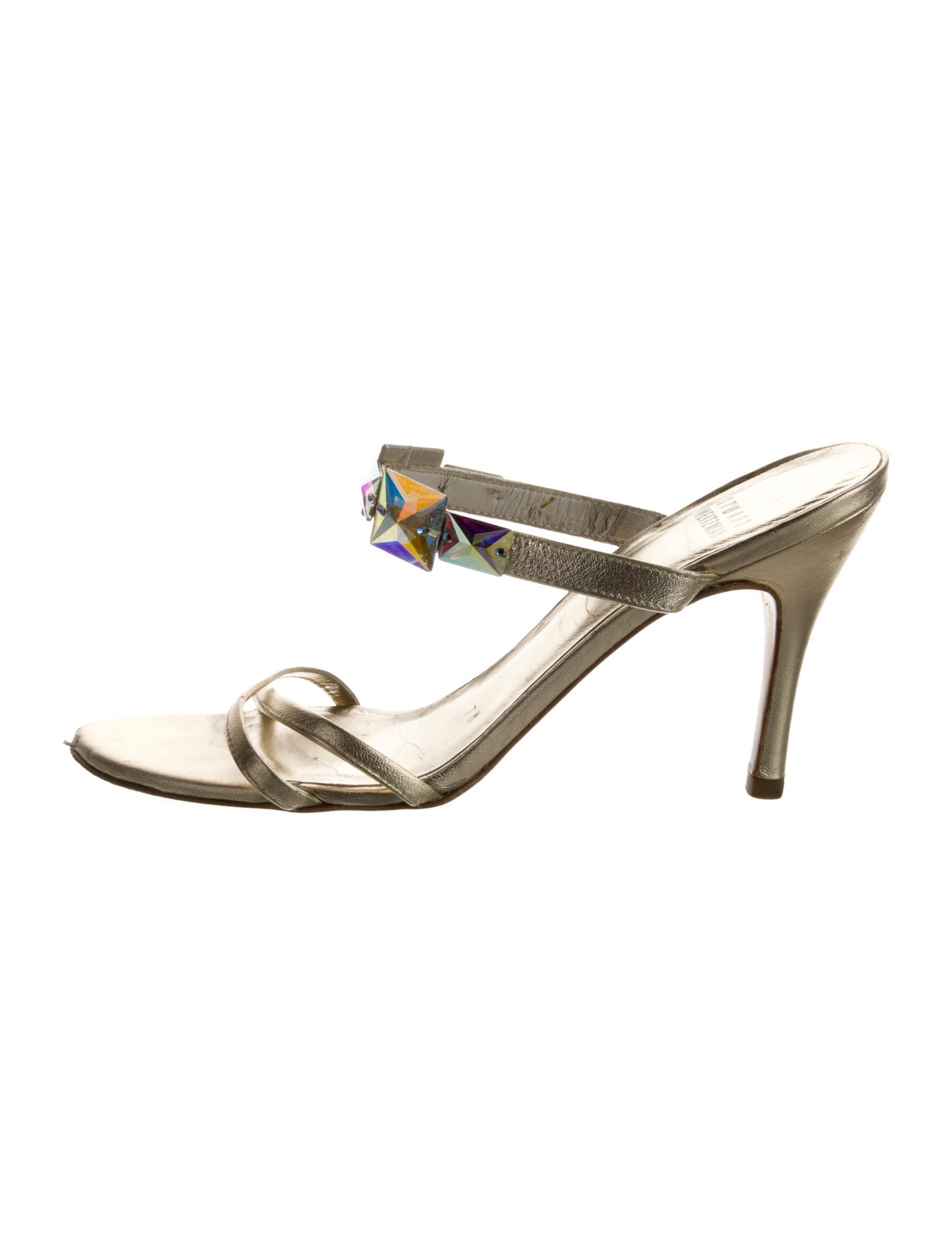 Stuart Weitzman Leather Crystal Embellishments Slides