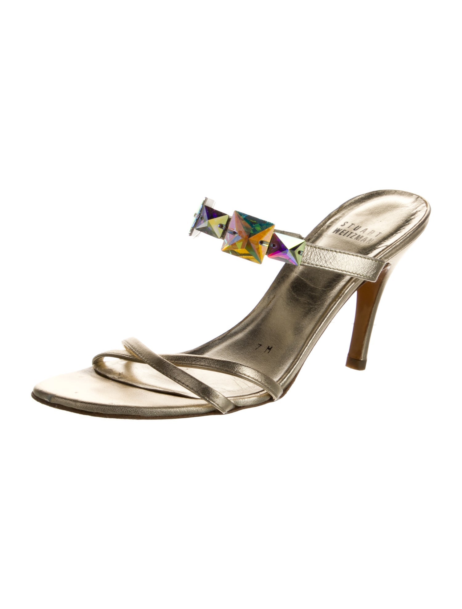 Stuart Weitzman Leather Crystal Embellishments Slides