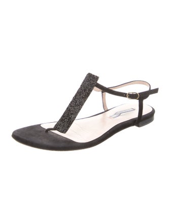 Stuart Weitzman Suede Crystal Embellishments T-Strap Sandals