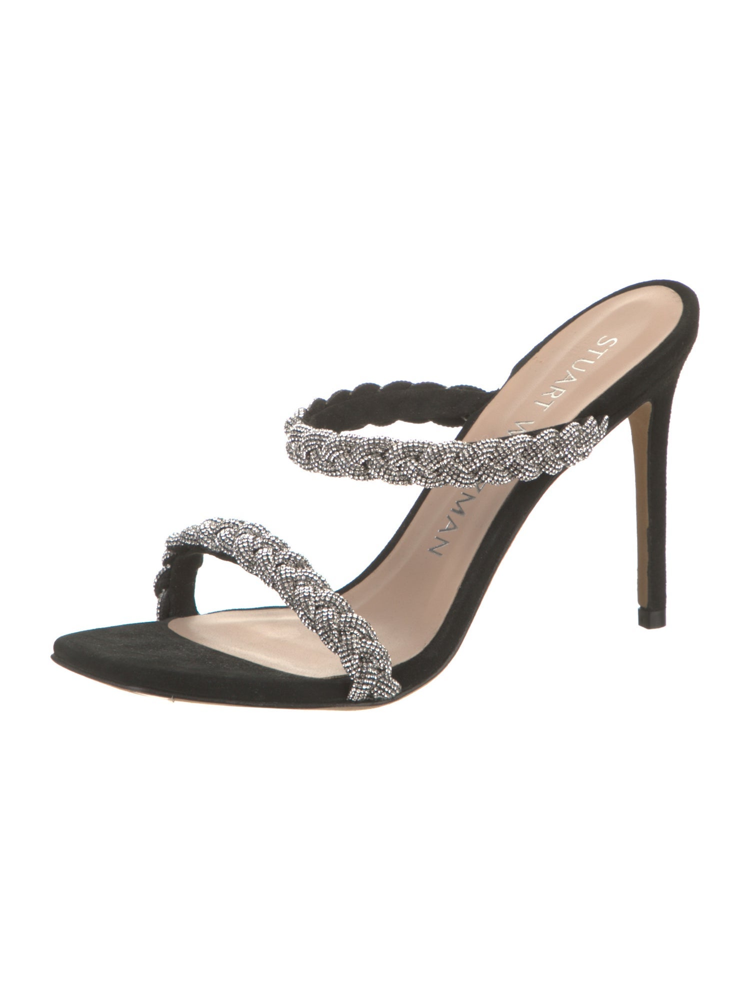 Stuart Weitzman Suede Crystal Embellishments Slides