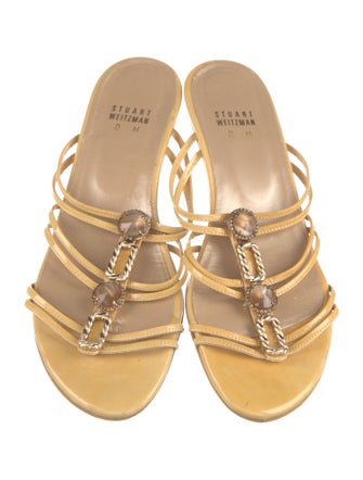 Stuart Weitzman Patent Leather Chain-Link Accents T-Strap Sandals